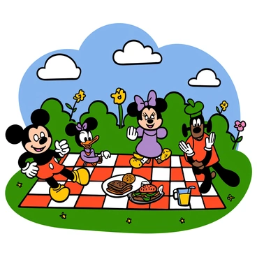 Minnie Mouse with a cheerful expression, wearing her iconic red polka-dot dress and a matching bow, is sitting on a checkered picnic blanket in a sunny park. She is surrounded by her friends, including a light-skinned Mickey Mouse wearing red shorts and yellow shoes, a dark-skinned Daisy Duck in a purple dress, and a light-skinned Goofy wearing a green hat and orange shirt. They are all enjoying a variety of picnic foods spread out on the blanket, such as sandwiches, fruits, and lemonade. The park is filled with green grass, colorful flowers, and a clear blue sky dotted with fluffy white clouds.