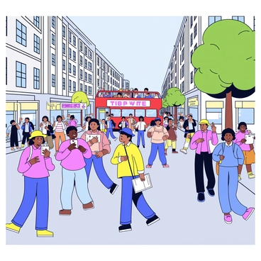 A bustling city street filled with tourists. The street is lined with tall buildings that have large windows and colorful signage. Groups of tourists are walking, taking pictures, and pointing towards various iconic landmarks. Some tourists are holding maps, while others are enjoying street food from nearby vendors. A double-decker bus in the background has an open top filled with people taking in the sights. The ground is paved with grey stone tiles, and there are trees along the sidewalk providing some shade.