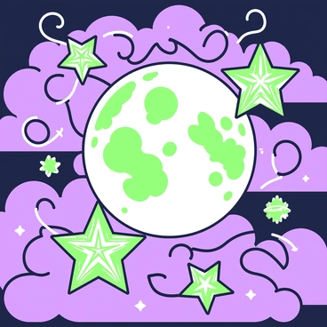 A night scene featuring a large, glowing moon in the center of the composition. The moon has intricate details of craters and texture. Surrounding the moon are multiple stars, each with an elaborate art nouveau design, displaying flowing lines and curves. Wisps of clouds drift across the sky, intertwining with the stars, adding depth to the scene. The overall atmosphere conveys a serene and enchanting night under the bright moonlight.