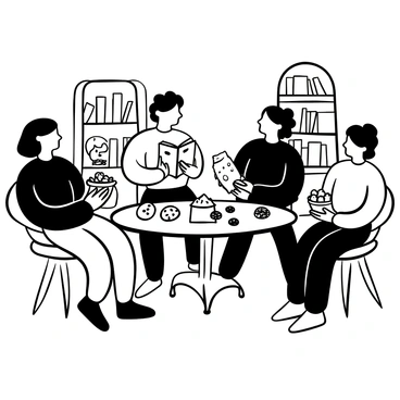 A group of five individuals seated around a circular table, each holding a copy of an illustrated children’s book. The table is cluttered with various snacks, including cookies, fruit slices, and a bowl of popcorn. Some members are gesturing animatedly while discussing the book, and one person points to a colorful illustration on a page. Bookshelves filled with more illustrated books are visible in the background, adding to the cozy atmosphere of the scene.