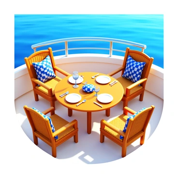 An outdoor dining area on a yacht featuring a round wooden table surrounded by four wicker chairs. The table is elegantly set with plates, glasses, and cutlery, ready for a meal. The background shows the gentle waves of the sea and the clear blue sky. Soft sunlight casts shadows on the table, creating a warm atmosphere. A few decorative cushions are placed on the wicker chairs for added comfort.