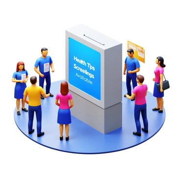 A public health kiosk designed with sleek, modern lines. The kiosk features a large touchscreen display. On the screen, the words "Health Tips" and "Screenings Available" are prominently shown in bold, clear text. The kiosk is situated in a well-lit area of a bustling public space, surrounded by people who are engaging with it. Some individuals are reading health tips, while others are interacting with the screening options. The overall design of the kiosk incorporates bright, inviting colors that catch the eye.