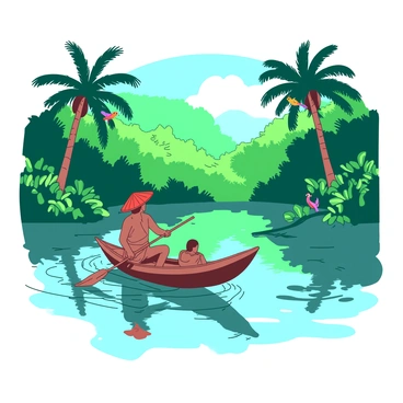A duo of nomads in small wooden boats are gliding along a tranquil river. The river is flanked by dense greenery of a lush jungle, with tall trees and thick foliage on either side. One nomad is wearing a bright red woven hat and is steering his boat with a long wooden paddle, while the other is sitting comfortably in his boat, gazing at the surrounding nature. The water reflects the vibrant greens of the jungle, creating a serene atmosphere. Various tropical birds can be seen perched on the branches, adding life to the scene.