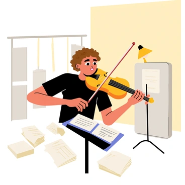 A musician with curly brown hair is playing a dark wooden violin with intense focus. The musician is wearing a black shirt and has a passionate expression on their face. The room is softly lit with warm yellow light coming from a lamp in the corner. Scattered around the floor are various sheets of music, some crumpled and others neatly stacked. A music stand with a few sheets is positioned in front of the musician, and the walls are adorned with soundproofing panels in a light gray color.