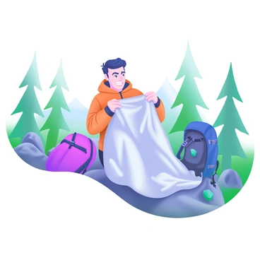 A person sitting on a rocky surface in a forested area, wrapped in a shiny, metallic "emergency blanket." The individual is wearing a warm, weather-resistant jacket, with a look of concern on their face. Nearby, a backpack lies open, with hiking gear partially visible. In the background, tall trees and scattered rocks create a natural setting, while a soft, diffused light filters through the branches, illuminating the scene. The person's hands are clenching the edges of the blanket tightly, conveying a sense of urgency and need for warmth.