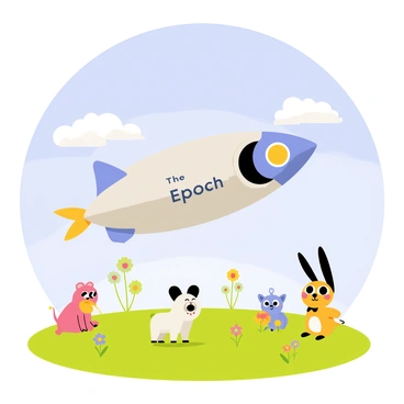 "The Epoch" spacecraft is landing gently on a vibrant green grassy plain. The spacecraft has a sleek, metallic exterior with a futuristic design. Surrounding the landing site, there are curious creatures with large, expressive eyes and colorful fur, gazing in awe at the descending spacecraft. Some of these creatures are small and fluffy, while others are slightly larger with unique features such as long tails or big ears. The sky above is bright blue with a few fluffy white clouds, creating a cheerful atmosphere. The grassy plain is dotted with colorful wildflowers, adding to the scene's liveliness.