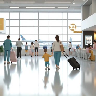 A polished floor in an airport terminal, reflecting the bright overhead lights. Numerous travelers are moving through the space, some pulling wheeled suitcases while others are checking flight information on their phones. A family is gathered near a large window, looking out at airplanes on the tarmac. In the background, a coffee shop is busy, with people sitting at tables enjoying beverages. Various signs and flight information boards are visible, adding to the sense of activity.