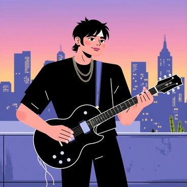 An eboy with dyed black hair and a silver pierce in his eyebrow stands confidently on a rooftop. He is wearing a black oversized shirt with chains and layered necklaces. In his hands, he strums a sleek black electric guitar, showcasing his passion for music. The city skyline is visible in the background, featuring tall buildings and glowing lights, indicating it's twilight. The sky is a gradient of purple and orange as the sun begins to set, adding a dramatic touch to the scene. The rooftop has a few scattered plants and graffiti on the walls, contributing to the urban atmosphere.
