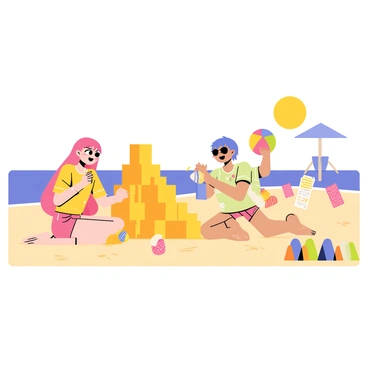 A group of anime characters sitting on a sandy beach under a bright sun. One character, with long pink hair, is happily shaping a large sandcastle, while another character, with short blue hair, is decorating it with seashells. A third character, wearing sunglasses, is holding a colorful beach ball, ready to join in the fun. The ocean waves gently lap at the shore in the background, and there are vibrant beach umbrellas and towels scattered around them.