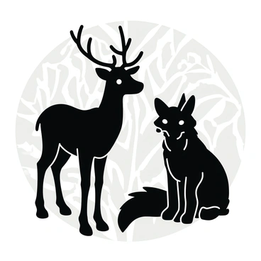 Silhouettes of woodland animals including "a graceful deer" and "a cunning fox," intricately carved in a detailed lino style. The silhouettes are set against a textured background that suggests the appearance of bark or leaves, enhancing the natural theme. The deer stands with its head held high, while the fox sits attentively with its bushy tail curled around its body. The contrast between the dark silhouettes and the lighter background creates a striking visual effect.