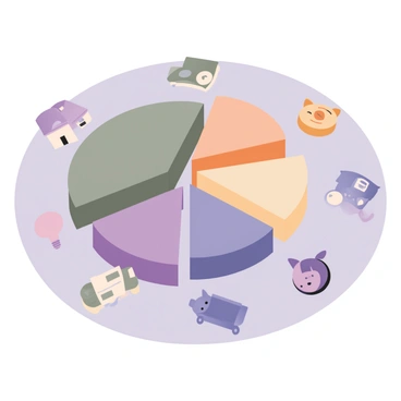 A digital flat illustration featuring a pie chart divided into five distinct sections, each representing a different category of a household budget. The first section is colored teal and labeled "Housing," the second section is orange and labeled "Food," the third section is yellow and labeled "Transportation," the fourth section is blue and labeled "Utilities," and the fifth section is purple and labeled "Savings." The pie chart is set against a light gray background. Surrounding the pie chart are small icons representing each category: a house for Housing, a shopping cart for Food, a car for Transportation, a light bulb for Utilities, and a piggy bank for Savings.