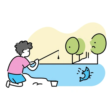 A young child with curly hair, wearing a red t-shirt and blue shorts, stands at the edge of a calm lake. The child is crouched down, holding a small fishing rod with excitement. A bright blue fish is jumping out of the water, splashing droplets around. In the background, there are green trees reflecting on the water's surface, and the sky is painted with soft, warm hues of sunset. A small bucket sits nearby, ready to hold the fish after it is caught. The scene captures the joy and wonder of childhood.