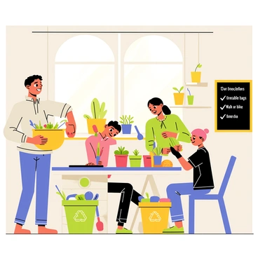 A family gathered in their cozy kitchen, actively engaged in eco-friendly activities. The father is cooking a meal using a large pot on a stove, filled with colorful vegetables. The mother is sorting out recyclable materials into separate bins, labeled "Plastic," "Paper," and "Glass." Two children are planting small seedlings in biodegradable pots on the table, surrounded by gardening tools. Sunlight streams through the window, highlighting potted plants on the sill. A chalkboard on the wall displays a list titled "Our Carbon Footprint Goals," featuring tasks like "Use reusable bags" and "Walk or bike more." The atmosphere is vibrant and purposeful, emphasizing their commitment to sustainability.
