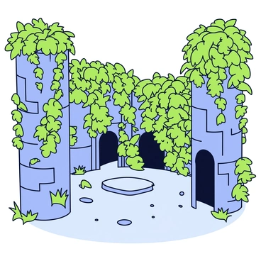 Towering walls covered in lush green ivy surround a hidden courtyard. The walls are textured and rugged, with tendrils of ivy climbing in various directions. The courtyard is partially shaded, creating a contrast of light and shadow. In the center of the courtyard, there is a stone floor, with a few scattered pebbles. Small patches of grass peek through the gaps in the stone. A gentle breeze rustles through the ivy, adding a subtle movement to the scene.