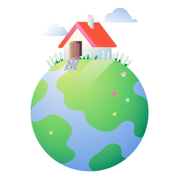 A miniature house with a red roof and white walls is perched on top of a small, lush green globe. The globe is covered in vibrant green grass and dotted with tiny colorful flowers. The house has a small chimney and a white picket fence surrounding it. A few clouds are scattered in the blue sky above, and a small wooden door on the house is slightly ajar. A pathway made of pebbles leads from the door down to the edge of the globe.