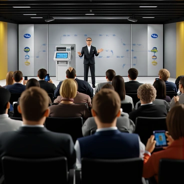 A scene depicting Drucker presenting his latest printing innovation to a crowd