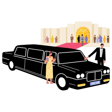A luxurious black limousine with shiny chrome accents is parked in front of a grand Oscar venue. The long car features tinted windows and an elegant design. Excited passengers are stepping out of the limousine, dressed in formal evening attire. A woman in a sparkling gold gown exits first, holding a clutch, while a man in a classic black tuxedo follows, adjusting his bow tie. In the background, a red carpet leads up to the venue entrance, surrounded by bright lights and cheering crowds.