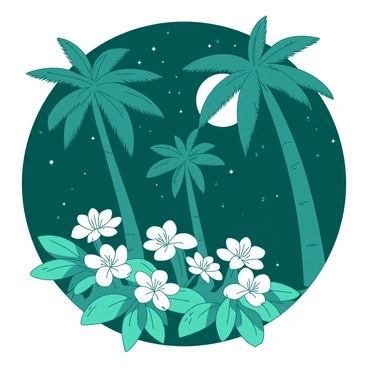 A teal tropical scene illuminated by moonlight features several tall palm trees swaying gently in the night breeze. Below the palm trees, vibrant white moonflowers are blooming, their petals softly glowing in the moonlight. Each moonflower is surrounded by lush green leaves that catch the faint light. The background is filled with a dark blue sky dotted with twinkling stars, enhancing the enchanting atmosphere of the tropical landscape.