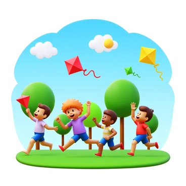 A park scene with several children running energetically. Each child is holding a colorful kite that is flying high in the blue sky. The kites are various shapes and sizes, showcasing bright colors like red, yellow, and green. The children are of different ages and ethnicities, laughing and smiling as they chase each other. The grass is lush and green, with a few trees in the background providing shade. The sun is shining brightly, adding warmth to the lively atmosphere.