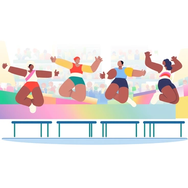 A group of five athletes with diverse skin tones are performing synchronized jumps on trampolines in a vibrant indoor arena. Each athlete is dressed in colorful sports attire, showcasing a mix of bright colors such as red, blue, and yellow. They are mid-air, with their bodies arched gracefully and limbs extended, displaying their athleticism. The background is filled with cheering spectators, and colorful banners are hung around the arena, enhancing the competitive atmosphere. The trampolines are arranged in a neat row, with the athletes positioned to reflect perfect symmetry in their movements.