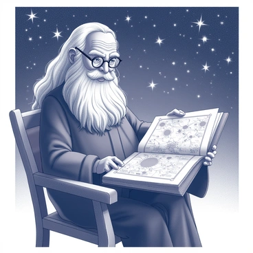 An elderly wizard with long white hair and a beard is seated on a wooden chair, engrossed in a large, ancient book that contains star maps. The book is open on his lap, revealing intricate illustrations of constellations. Above him, the night sky is filled with numerous twinkling stars, each representing different constellations. The scene is illuminated by the soft glow of the stars, casting gentle shadows. The wizard is adorned in a flowing robe and wears small, round glasses perched on his nose, leaning closer to the book as he studies the celestial patterns.