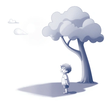 A small child stands on a grassy area, glancing up with a nervous expression. The child has tousled hair and is wearing a light-colored shirt and shorts. The sun is shining brightly, casting a stark contrast between light and shadow. A large shadow is stretched across the ground, created by a towering tree nearby. The tree features a thick trunk and an expansive canopy, with branches that reach out, adding to the size of the shadow. The background shows a clear sky with a few wispy clouds, enhancing the sunny atmosphere of the day.