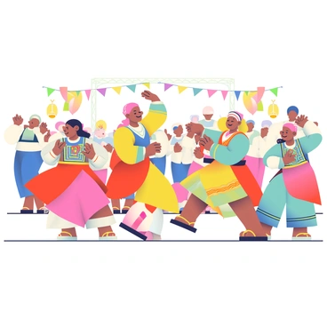 A group of dancers in traditional attire is performing on an outdoor stage at a cultural festival. The dancers are wearing vibrant clothing adorned with intricate patterns, featuring bright colors like red, yellow, and blue. They are in various dynamic poses, showcasing graceful movements. In the background, festival decorations, including colorful banners and lanterns, can be seen. The audience, dressed in casual attire, is enjoying the performance, some are clapping along with the rhythm. Bright sunlight illuminates the scene, highlighting the details of the dancers' costumes and the joyful expressions on their faces.