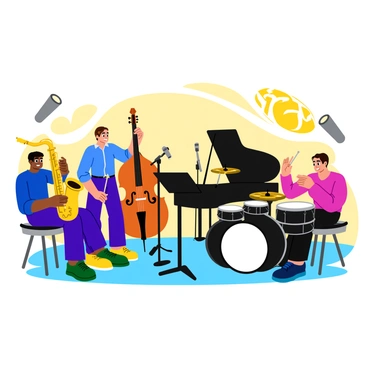 A classic jazz quartet performing in a recording studio. The group consists of a saxophonist, a double bassist, a pianist, and a drummer. The saxophonist is playing a shiny gold saxophone, producing a melodic sound. The double bassist has a large wooden bass, with its strings vibrating as it is played. The pianist is seated at a grand piano, fingers dancing over the black and white keys. The drummer, with a focused expression, is playing a set of drums that includes cymbals and a snare. Various recording equipment and microphones are set up around them, capturing the lively atmosphere of their harmonious performance. Sunlight streams through a window, illuminating the studio and enhancing the warm ambiance.