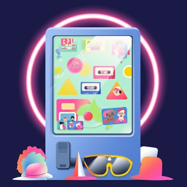 A photo booth with neon lights and a backdrop of 80s pop culture icons