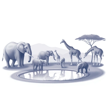 A savanna landscape featuring a waterhole at its center. In the foreground, a group of elephants is gathered around the waterhole, some of them with their trunks dipping into the water to drink. The elephants vary in size, showcasing both adult and juvenile specimens. Nearby, several giraffes are bending down to sip from the water, their long necks gracefully arching as they reach towards the surface. The background includes sparse trees and grasses typical of a savanna environment, with gentle hills rolling off into the distance.