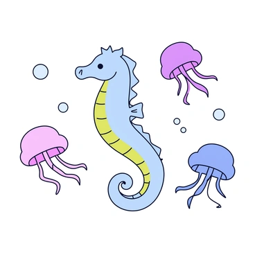 A seahorse with a slender body and delicate fins swims gracefully. Its skin has a subtle texture with shades of blue and green. Around the seahorse, several jellyfish float, each with translucent bodies and softly glowing tentacles. The jellyfish emit a gentle luminescent light in various colors like pink, purple, and blue. The underwater scene includes a few small bubbles rising toward the surface, adding to the fluidity of the movement.