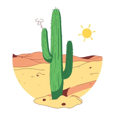 A cactus in a desert releasing tiny wisps of water vapor under the sun