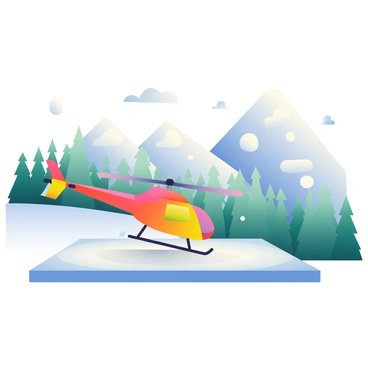 A helicopter pad made of gray concrete is situated on a snowy mountaintop, surrounded by tall, jagged peaks covered in pure white snow. The helicopter, painted in bright red and yellow, is hovering above the pad, preparing to land. Snowflakes are gently falling from the overcast sky, adding to the winter atmosphere. The blades of the helicopter are spinning rapidly, creating a slight blur. In the background, a dense forest of evergreen trees can be seen, their branches heavy with a layer of snow. The scene captures the contrast between the vibrant helicopter and the pristine, icy landscape.