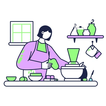 A potter is seated at a spinning wheel, shaping a vase. The potter has shoulder-length hair and is wearing an apron over a shirt. The wheel is spinning smoothly as the potter's hands manipulate the clay, which is centered perfectly. Various pottery tools are scattered around the workspace, including a sponge and a wire cutter. Light filters through a small window, illuminating the natural wooden shelves lined with completed pottery pieces. A bowl of water rests nearby, and a clay-stained towel hangs over the edge of the workbench.