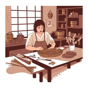 An artisan with a focused expression is weaving a traditional wicker basket in a rustic workshop. The workshop is filled with natural light streaming through a window, illuminating various tools and wicker materials scattered around. The artisan is seated at a wooden table, surrounded by coils of flexible reeds and half-finished baskets in shades of brown. There are wooden shelves lined with completed baskets of different sizes hanging on the walls. A small potted plant sits in the corner, adding a touch of greenery to the space.