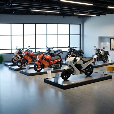A modern showroom featuring an array of the latest Bajaj motorbike models. The showroom has sleek, minimalist design elements with a polished concrete floor and high ceilings. Bright LED lights illuminate the space, highlighting the vibrant colors and sleek lines of the motorbikes. Each model is displayed on a rotating podium, showcasing its key features from various angles. Large glass windows line one side of the showroom, allowing natural light to flood in and provide a view of the outside. Informational plaques are positioned next to each bike, detailing specifications and pricing. A stylish seating area with contemporary furnishings is set up for potential customers to relax while they browse.
