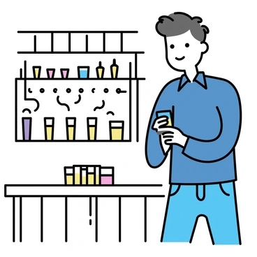 A man, wearing a navy blue shirt and denim jeans, is standing at a rustic wooden bar in a local craft brewery. He is holding a small glass filled with a golden beer, taking a sip with a focused expression. In front of him, there are several small glasses arranged on the bar, each containing different types of beer, showcasing a variety of colors and styles. Behind the bar, shelves are lined with beer taps and bottles, creating a warm and inviting atmosphere. The lighting is soft, highlighting the rich wood textures of the bar and the vibrant hues of the beers.