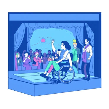 A blue school theater stage is set with colorful props and curtains. In the center, a disabled student is confidently delivering their lines while seated in a stylish wheelchair. They are dressed in an elaborate, eye-catching costume that reflects the theme of the play. Surrounding the student are fellow cast members, dressed in matching costumes, who are enthusiastically engaging with the scene. The audience, visible in the background, is captivated and applauding this impressive performance. The stage lights are focused on the student, highlighting their talent and determination.