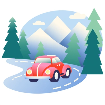 A bright red VW Beetle is driving along a winding road through a snowy mountain pass. The car is covered in a light dusting of fresh snow, and its headlights are illuminated against the winter landscape. On either side of the road, tall pine trees are blanketed in white snow, standing against the backdrop of majestic snow-capped peaks piercing the blue sky. In the distance, a few fluffy white clouds float above the mountains, adding to the picturesque scene. The road is slightly icy, with tire tracks visible in the snow, indicating the path taken by the Beetle.