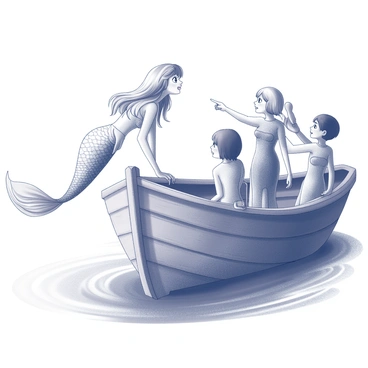 A mermaid is positioned at the edge of a wooden boat, her long hair flowing gracefully into the water. She has shimmering scales on her tail, which glisten as sunlight reflects off the surface. Her eyes are wide with curiosity as she gazes up at a group of humans standing on the boat. The humans are leaning over the sides, some pointing, while others appear startled by her presence. The setting captures the interaction between the mermaid and the humans, highlighting their different worlds. The wooden boat has texture and detail, showing the weathered planks and ropes. The water surrounding the boat creates gentle ripples, enhancing the scene's dynamic feel.