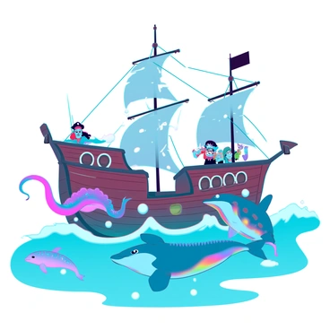 A vibrant underwater scene featuring whimsical sea creatures, including a playful octopus with bright blue and pink tentacles, a friendly dolphin with a rainbow-hued body, and a curious sea turtle adorned with colorful patterns. They are joyfully swimming and leaping in the waves near a majestic pirate ship with tattered sails and a weathered wooden hull. The ship has a black flag flying high and intricate details along its side, with a crew of animated pirates observing the sea creatures from the deck. Bubbles float up through the water, adding to the lively atmosphere.