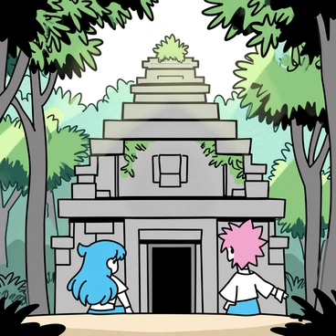 A large ancient temple, with intricate stone carvings and overgrown vines, is situated in a dense jungle. Tall trees surround the temple, their leaves forming a thick green canopy. In front of the temple, there are two anime characters, one with long blue hair wearing a light armor and the other with short spiky red hair dressed in a casual outfit. They are looking at the entrance of the temple, expression full of curiosity and excitement. Sunlight filters through the trees, illuminating parts of the temple and creating a sense of mystery.