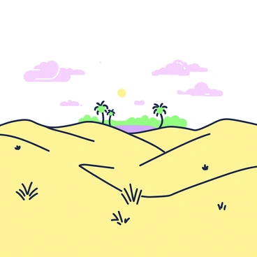 A vast desert landscape stretches across the image, filled with rolling sand dunes under a bright sun. In the foreground, small tufts of dry grass are scattered among the golden sand. In the distance, a shimmering mirage appears, resembling an oasis surrounded by palm trees and a water body. The mirage creates an illusion of vibrant greenery and blue water, contrasting sharply with the arid environment. The sky above is clear, with a few wispy clouds, adding to the expansive feeling of the scene.