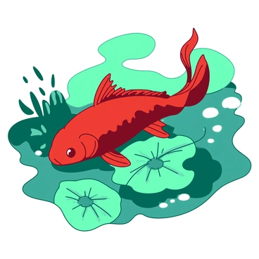 A red goldfish is swimming gracefully through a teal stream. The water is shimmering with various shades of color that resemble a rainbow, creating a vibrant backdrop around the fish. The stream is adorned with floating green lily pads, and small bubbles rise to the surface as the goldfish glides effortlessly through the water.