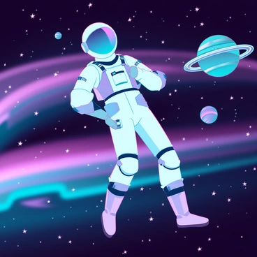 A person in a spacesuit floating above a colorful galaxy, with planets and stars in the distance