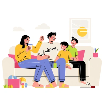 A group of four people gathered in a cozy living room. "Shohei Ohtani" is in the center, smiling and wearing a casual t-shirt and jeans. To his left is a woman with long black hair, wearing a comfortable sweater, and holding a cup of coffee. On his right, there are two children, a boy with short hair and a girl with pigtails, both dressed in colorful t-shirts. They are all sitting on a large, soft couch, surrounded by various toys and a warm, inviting atmosphere. A window in the background shows a sunny day outside, adding to the casual setting.