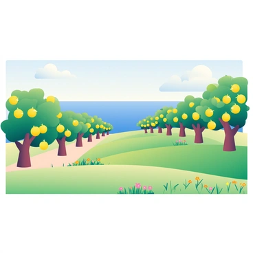A vibrant Mediterranean landscape showcases rows of lush lemon trees with bright yellow lemons hanging from their branches. The trees are spaced evenly across gently sloping hills, their green leaves glistening in the sunlight. In the distance, a view of the calm blue sea stretches across the horizon, blending seamlessly with the clear sky above. Soft white clouds float lazily, adding depth to the serene atmosphere. The ground is dotted with patches of colorful wildflowers, enhancing the rich colors of the scenery.