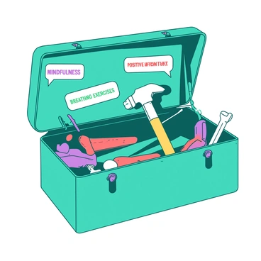 A teal open toolbox is filled with an assortment of tools, each one neatly organized. Inside, there are various objects such as a wrench, a hammer, and a screwdriver, all of them sporting colorful labels. Each label has a different mental health strategy written in bold letters like "Mindfulness," "Breathing Exercises," and "Positive Affirmations." The toolbox itself is sitting on a light surface, with some tools slightly protruding to emphasize the variety of mental health strategies present.