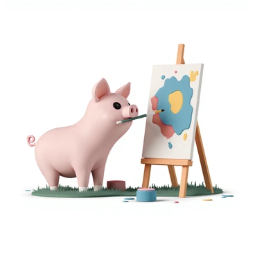 A pig, with a light pink body and a curly tail, holds a paintbrush in its mouth. The pig is standing on a grassy patch, its hooves slightly muddy. In front of the pig is a large canvas propped up on an easel. The canvas is splashed with vibrant colors, including bright blue, yellow, and red paint, creating a lively abstract design. The background features a few scattered paint cans and brush strokes on the ground, indicating a playful and creative atmosphere. The pig has a focused expression as it energetically splashes paint onto the canvas.