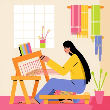 A weaver with long black hair is skillfully working at a traditional Bengali loom, focusing intently on her craft. Her hands are deftly maneuvering colorful threads, creating intricate patterns in vibrant shades of red, green, and yellow. The loom is a wooden structure, its frame adorned with decorative carvings. Surrounding the weaver are spools of thread organized by color, and the room is filled with the soft texture of woven fabrics hanging nearby. Sunlight filters through a window, illuminating the scene and highlighting the details of the weaver's concentration and the beauty of her work.